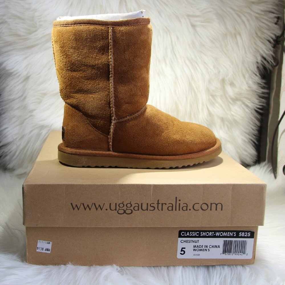 UGG Australia Women F8007G Sheepskin Boots Chestnut Leather Suede Size 5 *READ*